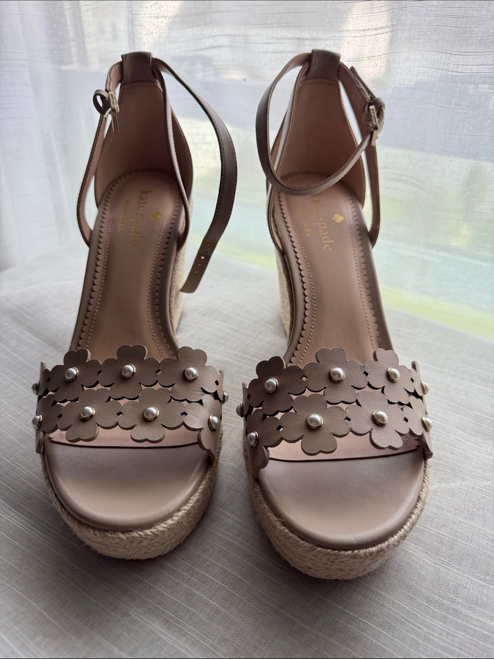 kate spade Taupe Floral Studded Espadrille Wedge Sandals